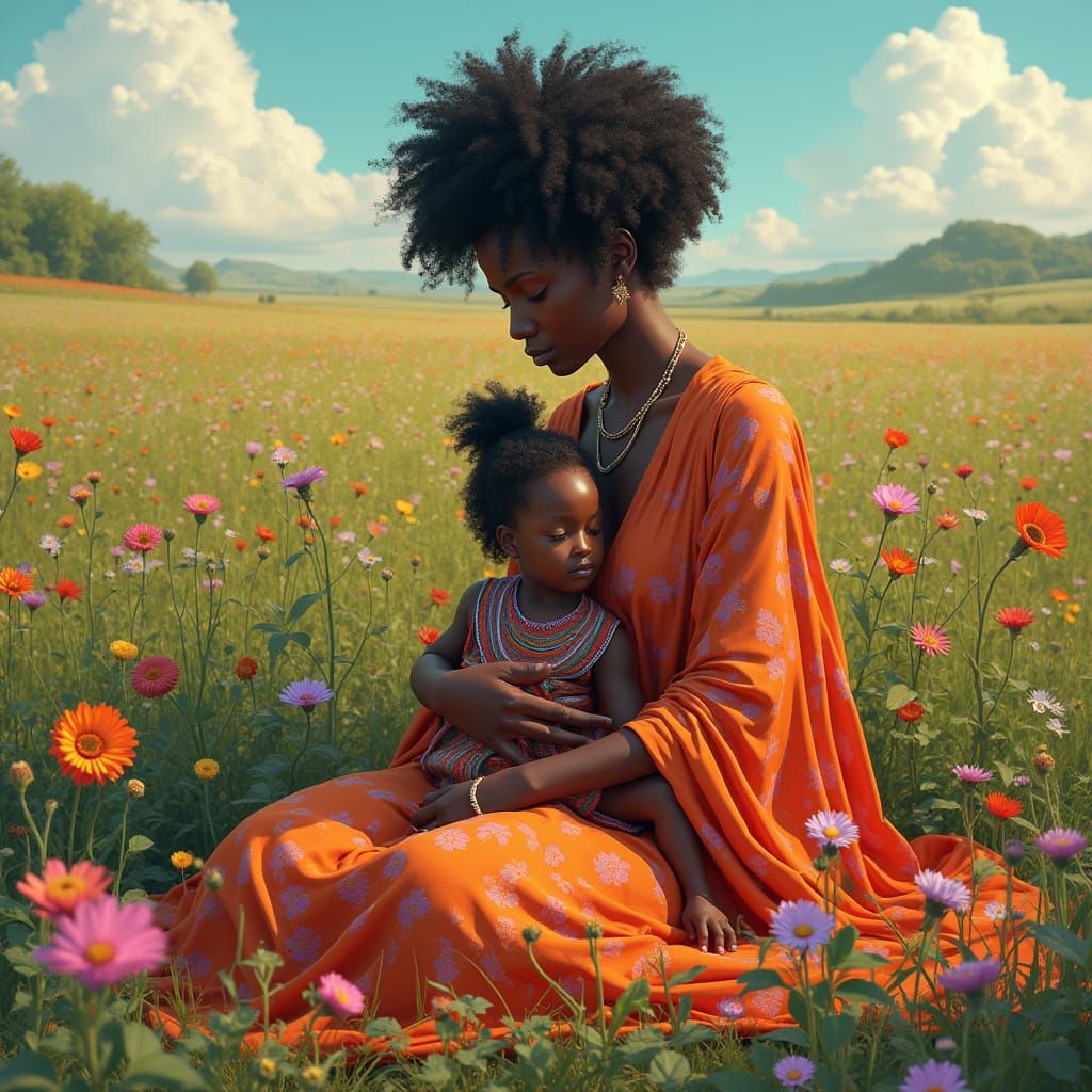 African Goddess with Daughter in Floral Meadow