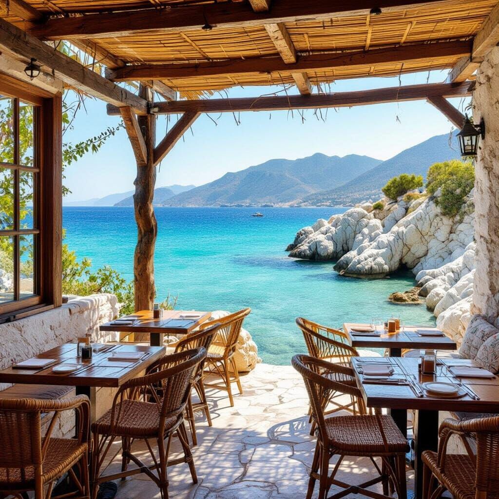 Mediterranean Seaside Café in Impressionistic Style