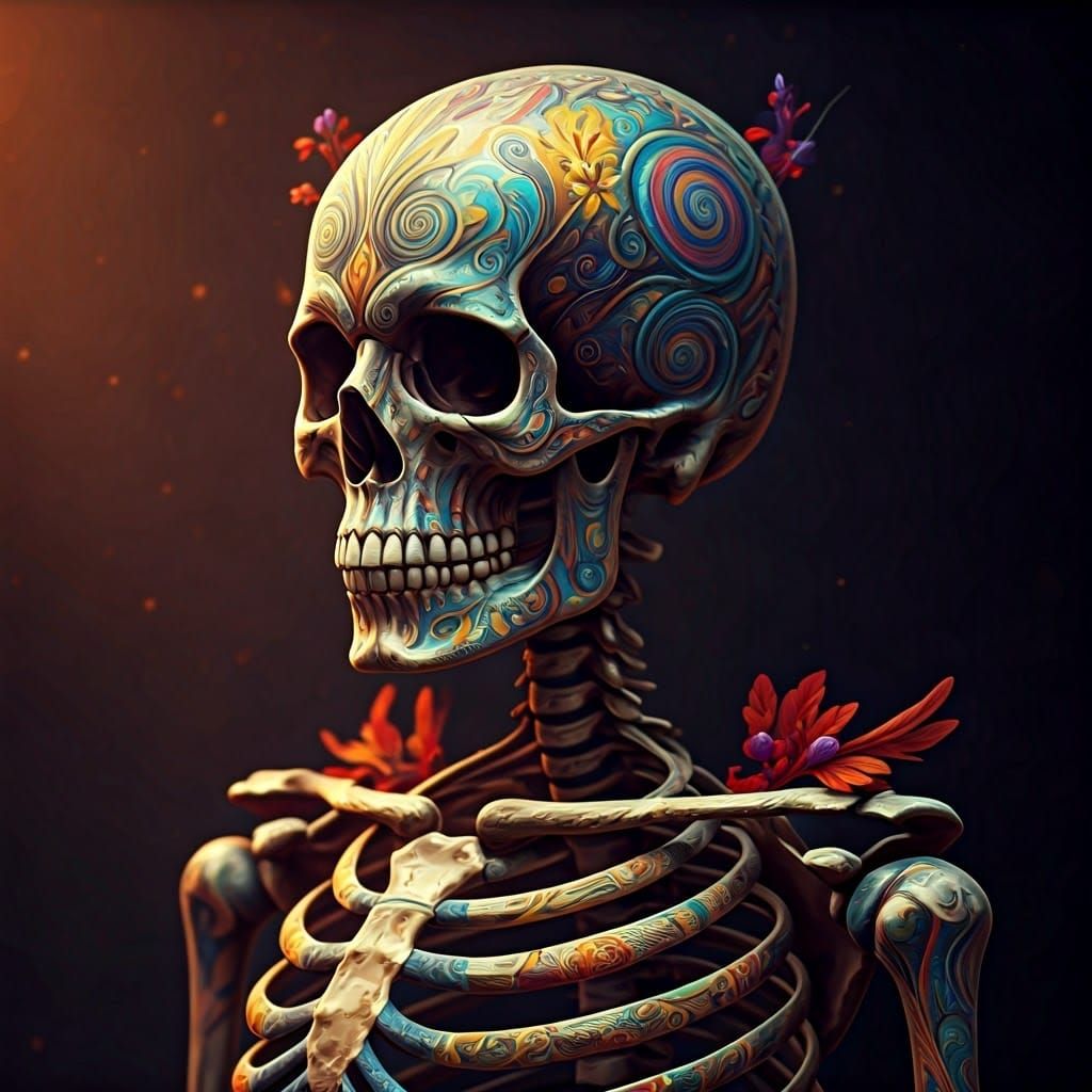 Ornate Skeleton with Vibrant Makeup in Dreamlike Setting