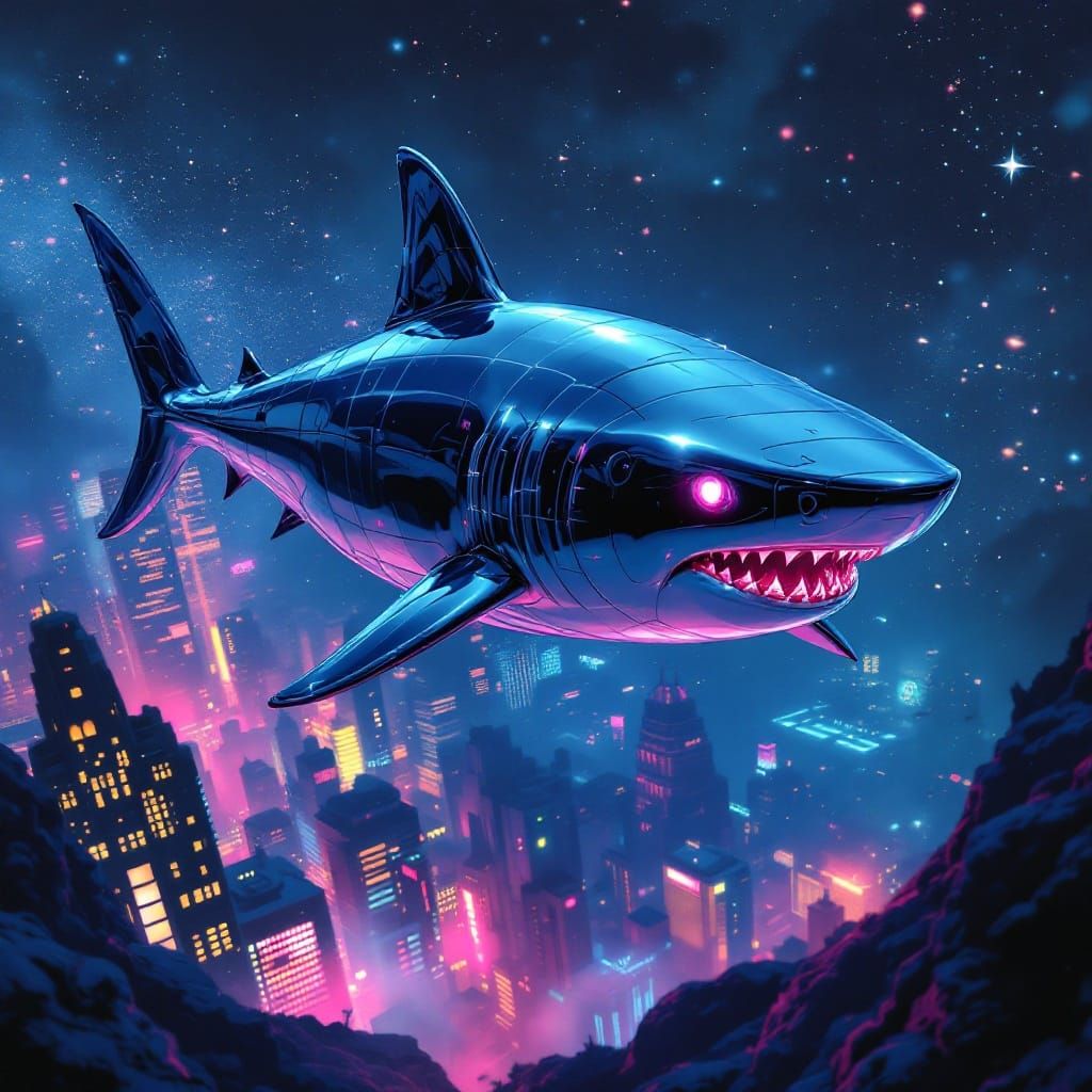 Chrome Shark Over Neon City, Futuristic Style
