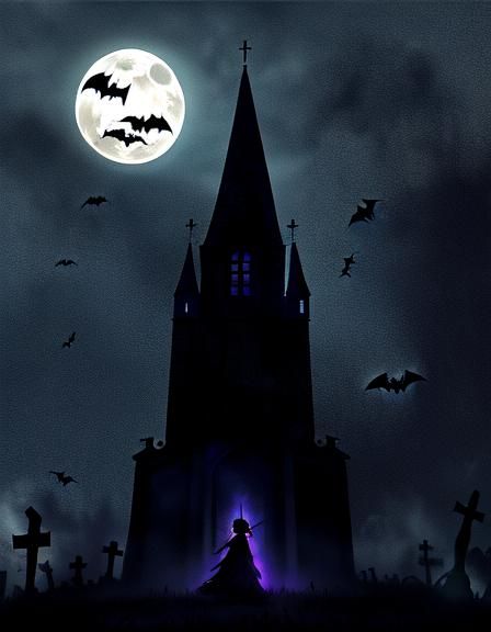 Graveyard Under Harvest Moon in Tim Burton Style