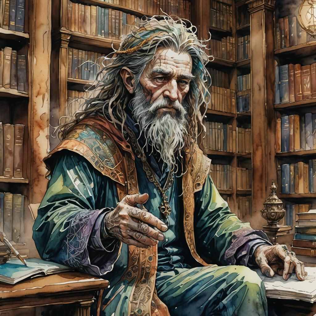 portrait. human. wizard. eldritch. university. Watercolor wi...