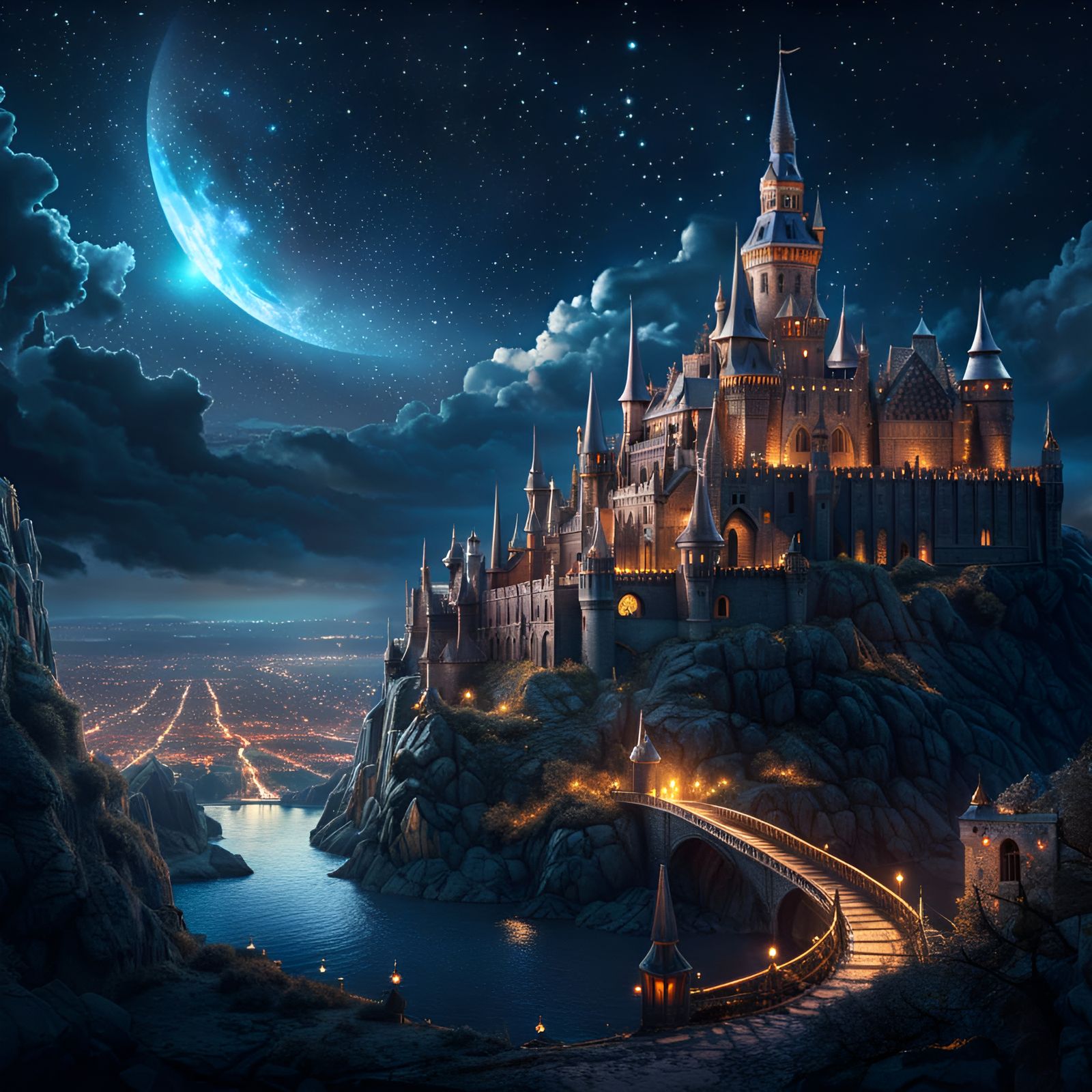 Detailed Fantasy Castle City at Night