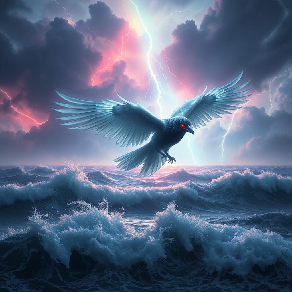 Mystical Raven Glides Above Turbulent Waves