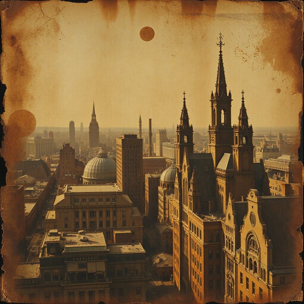 Cityscape on Coffee Stained Parchment: Detailed Illustration