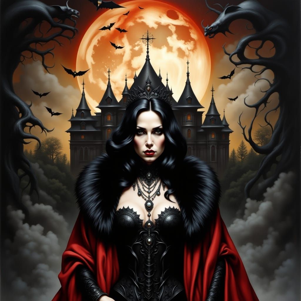 Goth Woman in Haunting Mansion, Chiaroscuro Style