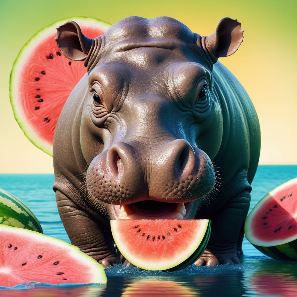 Vibrant Hippo Savoring Watermelon in a Radiant Summer Oasis