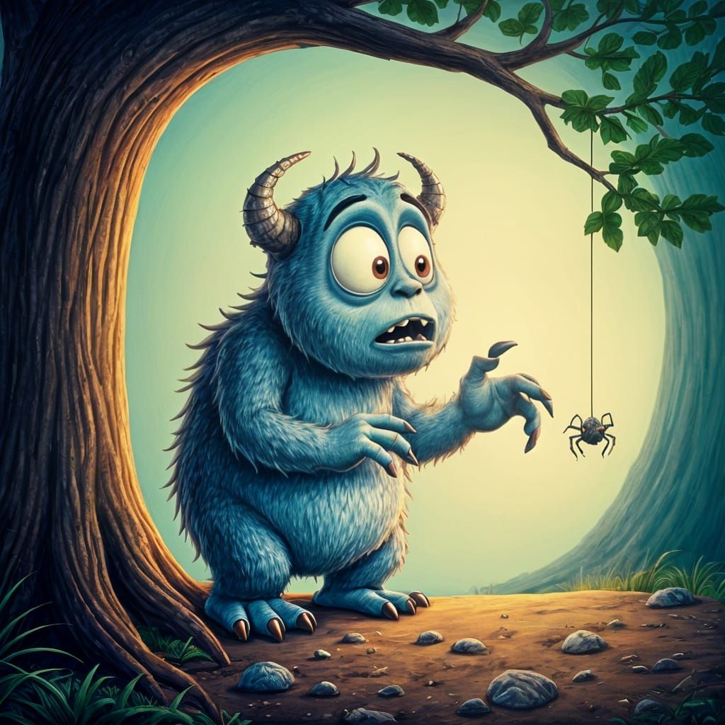 Scared Monster and Spider, Disney-esque Illustration