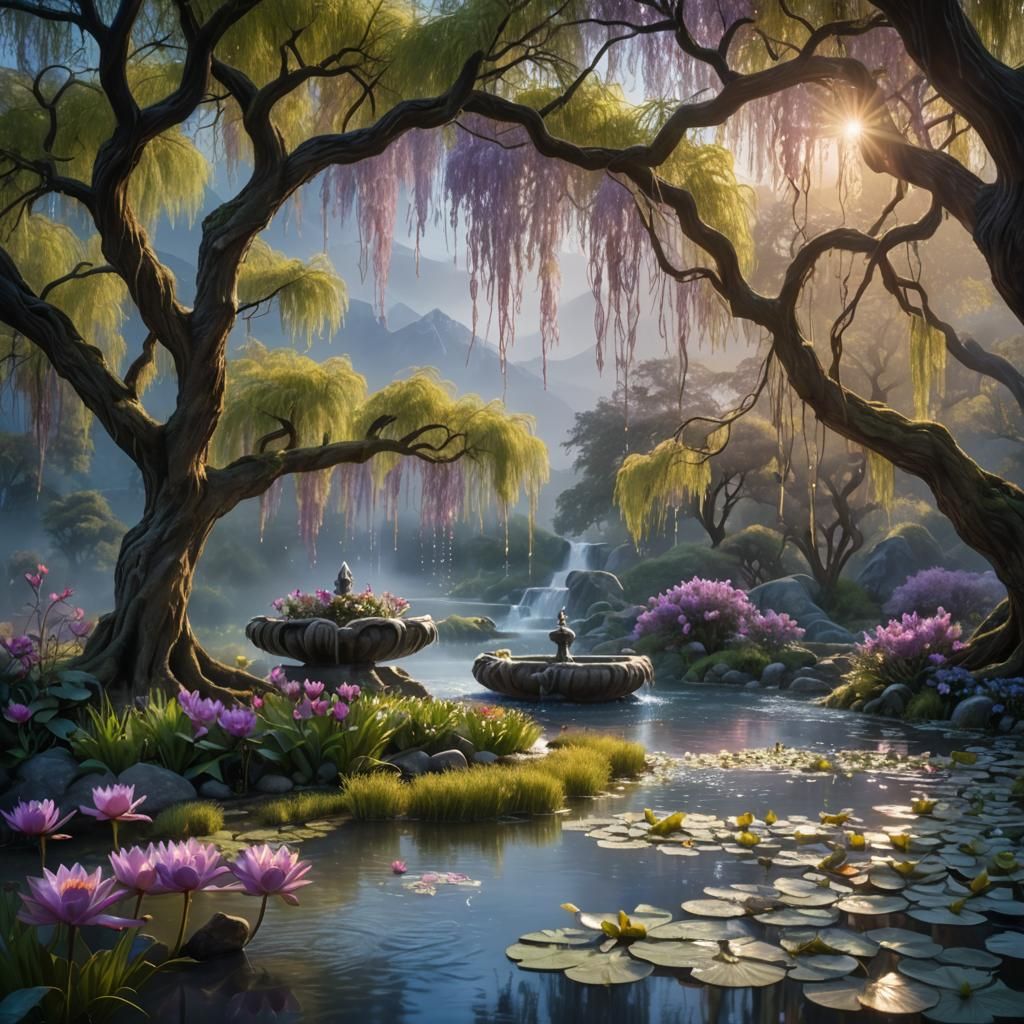 Serene Garden Stream Fountain in Matte Painting Style
