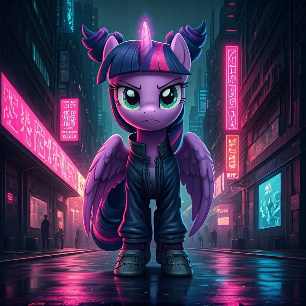 Cyberpunk Pony as Juri Han, with Neon Lights and Skyscrapers