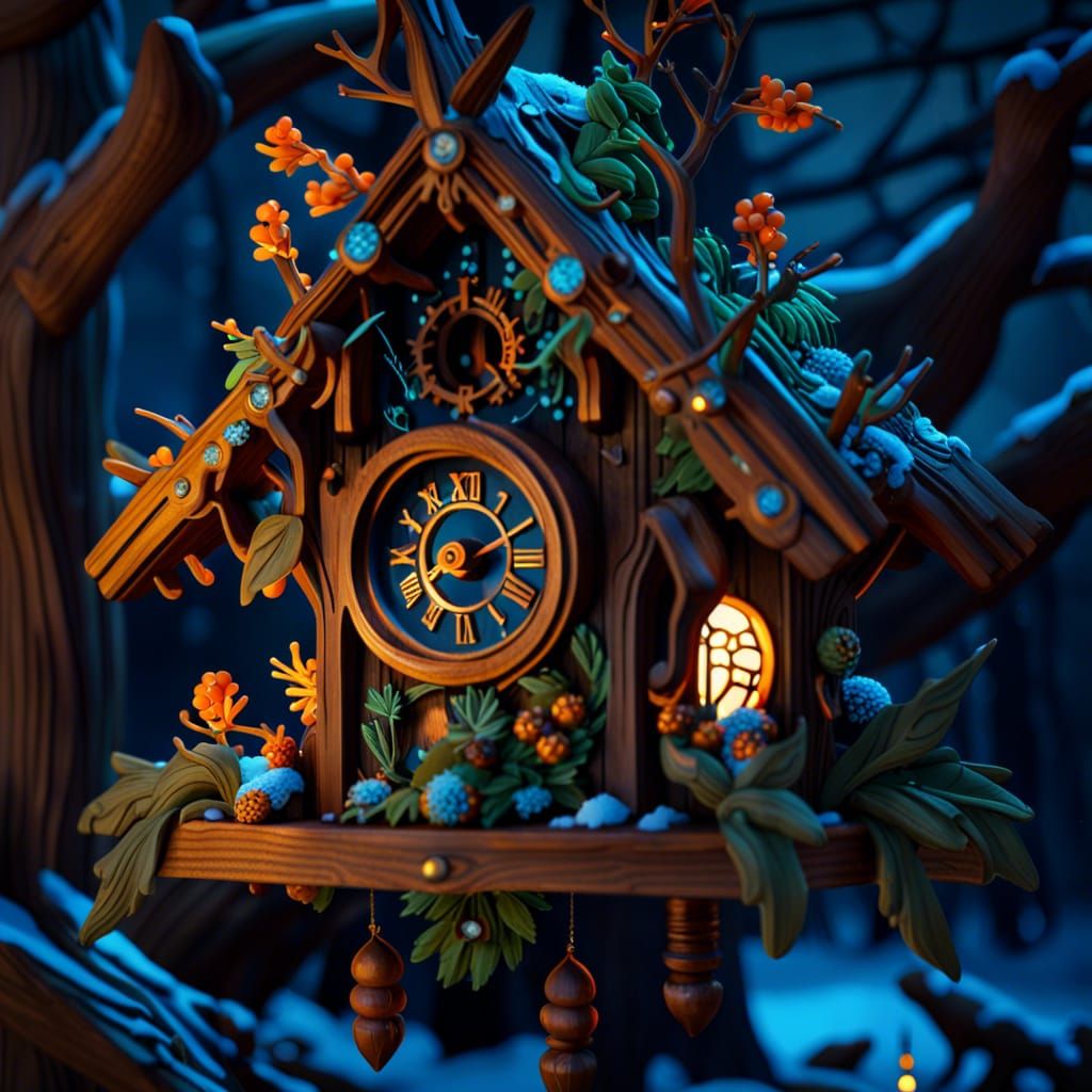 Fairytale Cuckoo Clock in Winter Forest