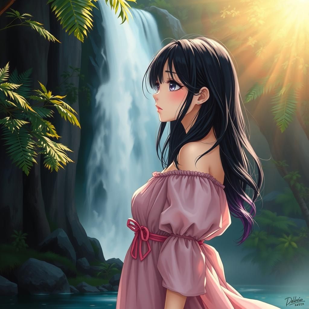 Anime-Inspired Woman in Forest Waterfall Oil Painting
