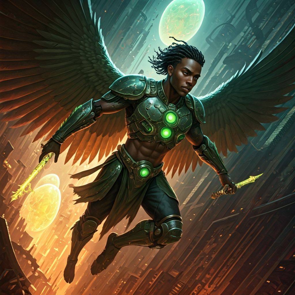 Futuristic Warrior Soaring Through Cityscape