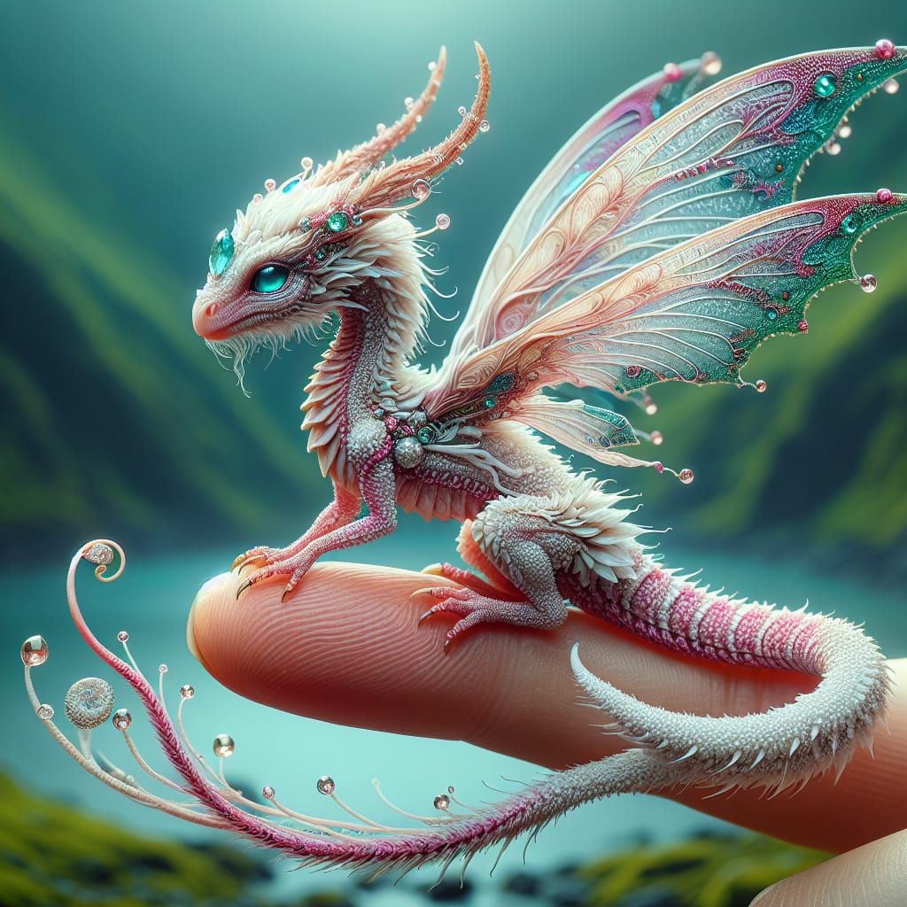Miniature Dragon Fairy Perched on Fingertip in Ultra-Realist...