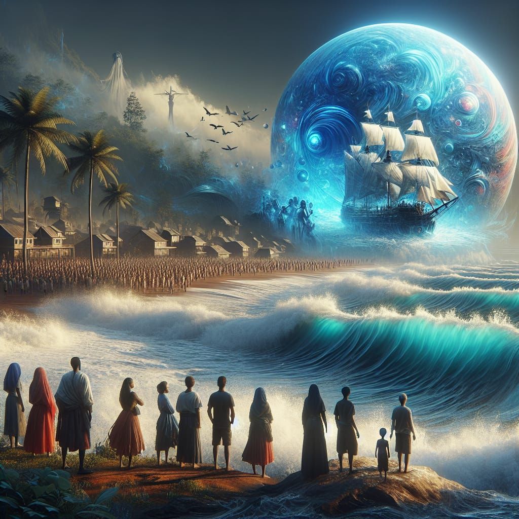 Multicultural Group Stares at Ghostly Ship on Beach in Fanta...