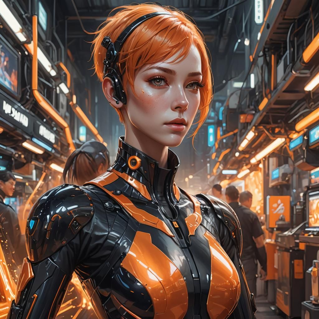 Orange-Haired Woman in Cyberpunk Market: Digital Art