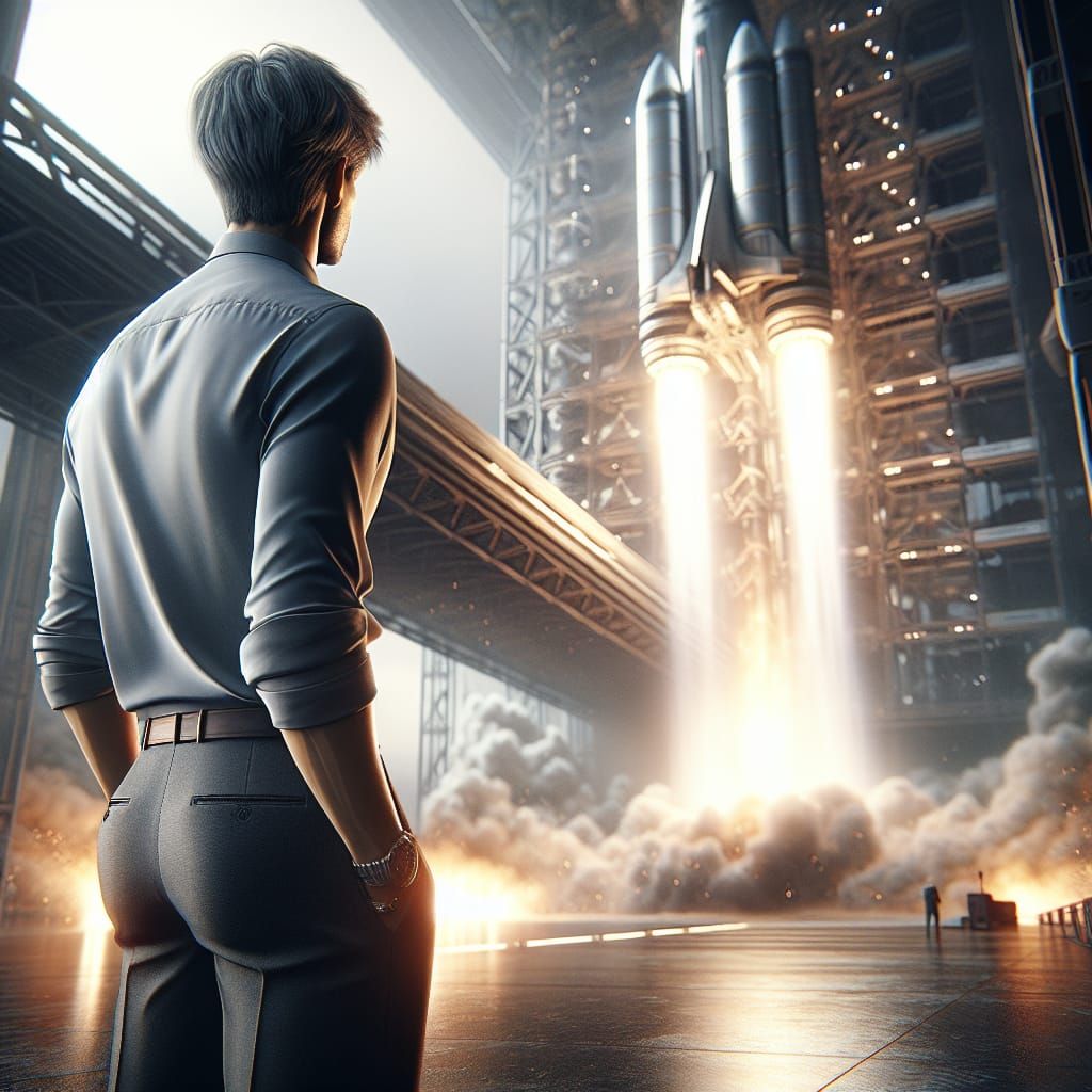 Futuristic Spacecraft Launch Watched by Man in HDR