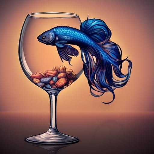 Colorful Betta Fish in Wineglass, Pop Art Style