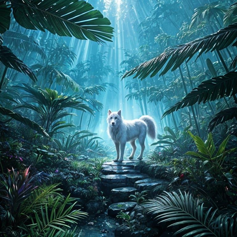 Bioluminescent Wolf Cub in Alien Jungle Canyon