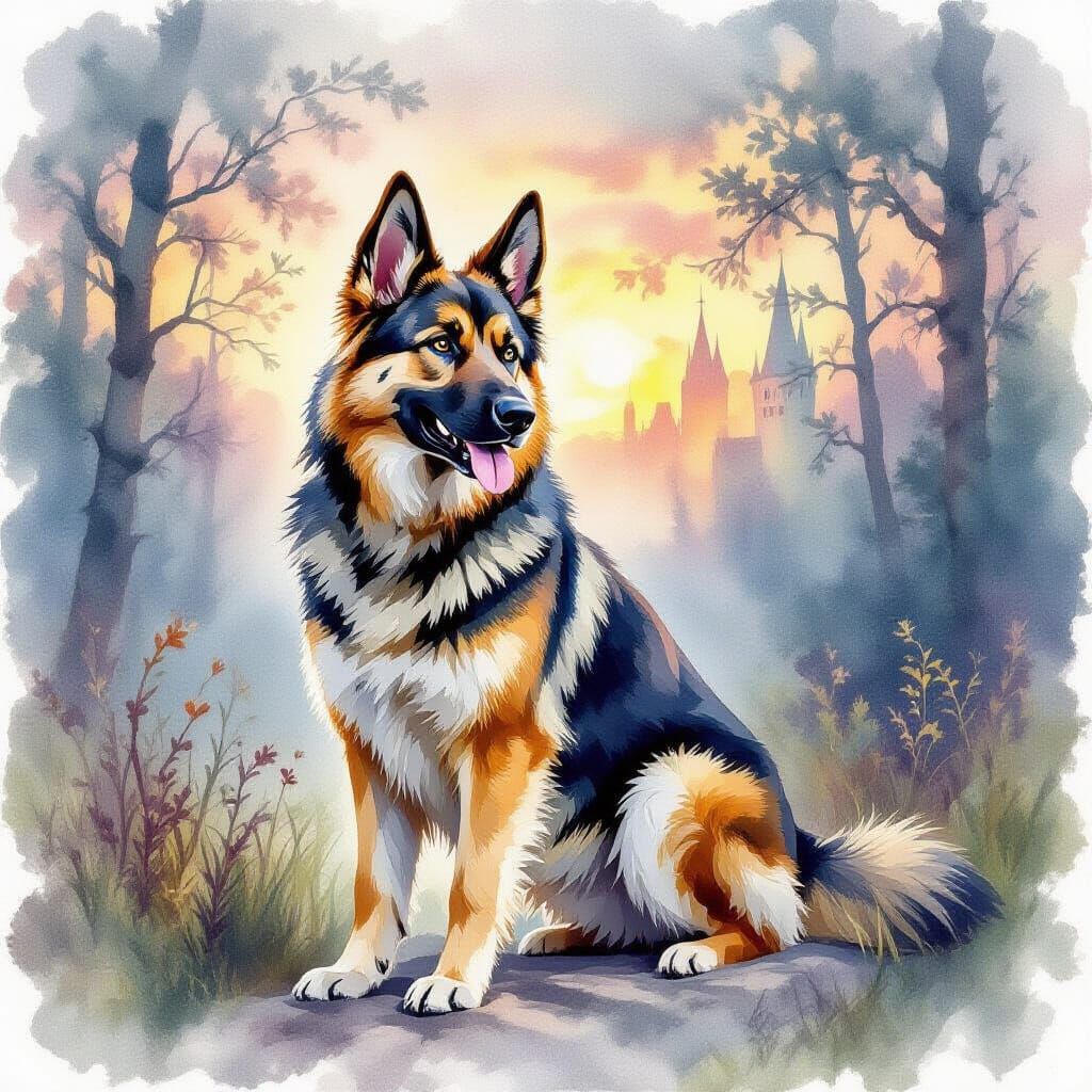 Watercolor beautiful rising from the medieval German shepher...