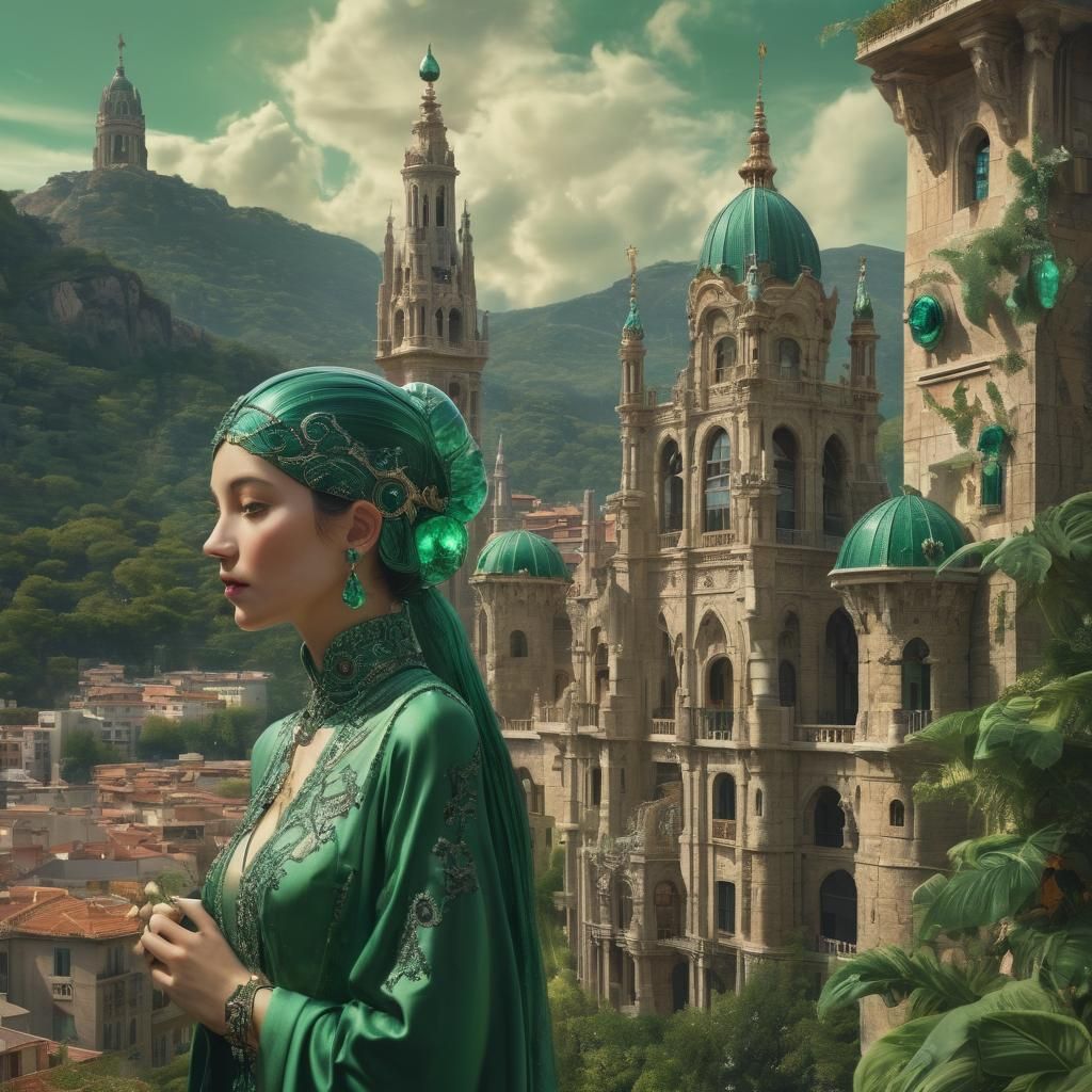 Magic Woman Gazing at Barcelona Buildings: Surreal Art