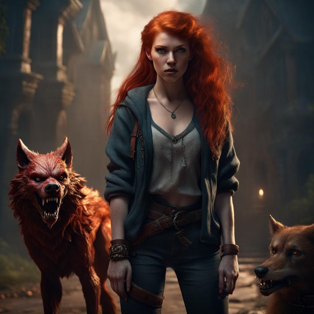 Redhead Protected by Werewolf: Fantasy Concept Art