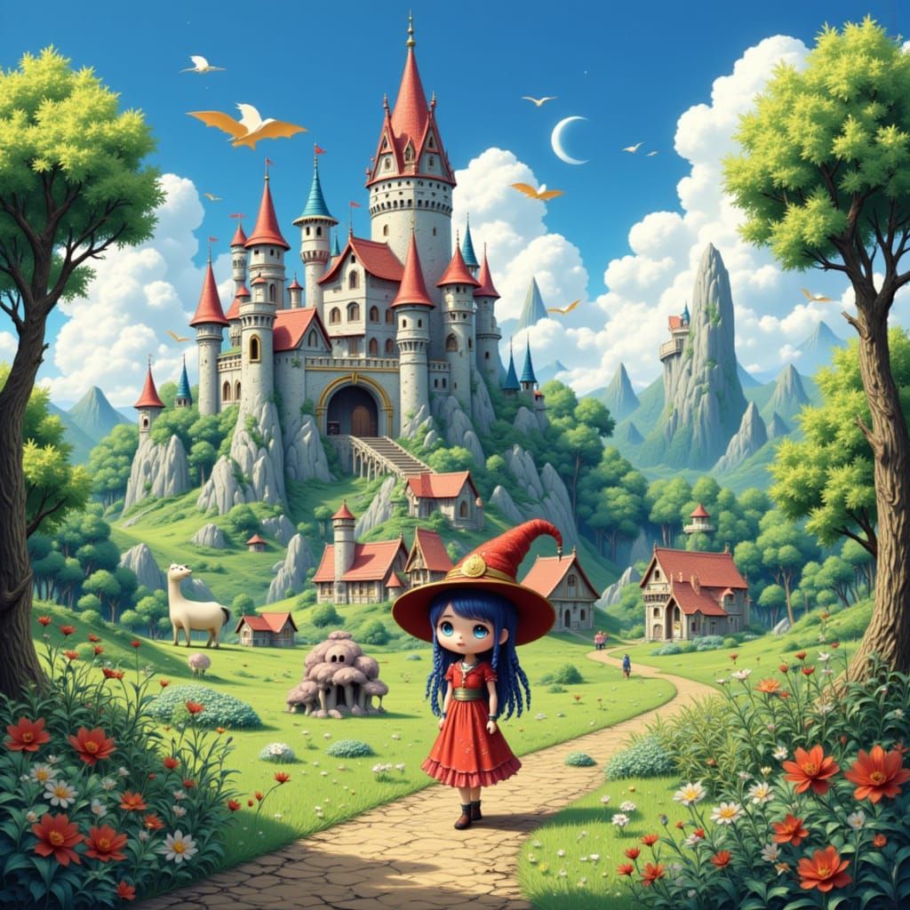 Anime Witch Girl and Dragon-Horse Castle in Woodland