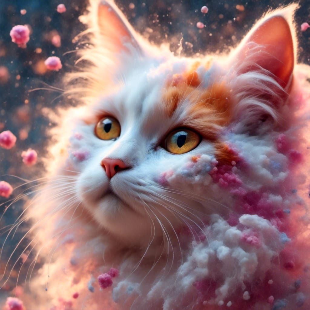 Pastel Cat in Pink Cloudscape: Hyperrealistic Art
