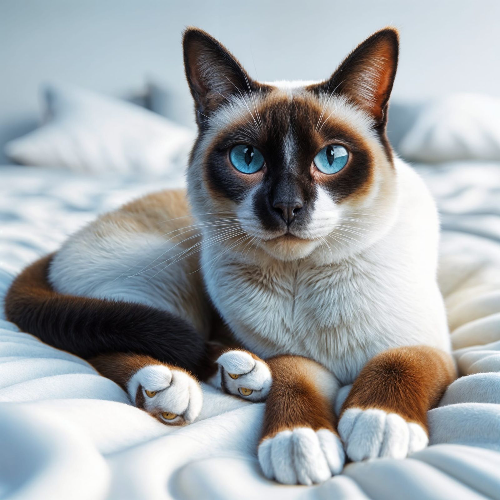 Hyperrealistic Siamese Cat with Blue Eyes on White Bed