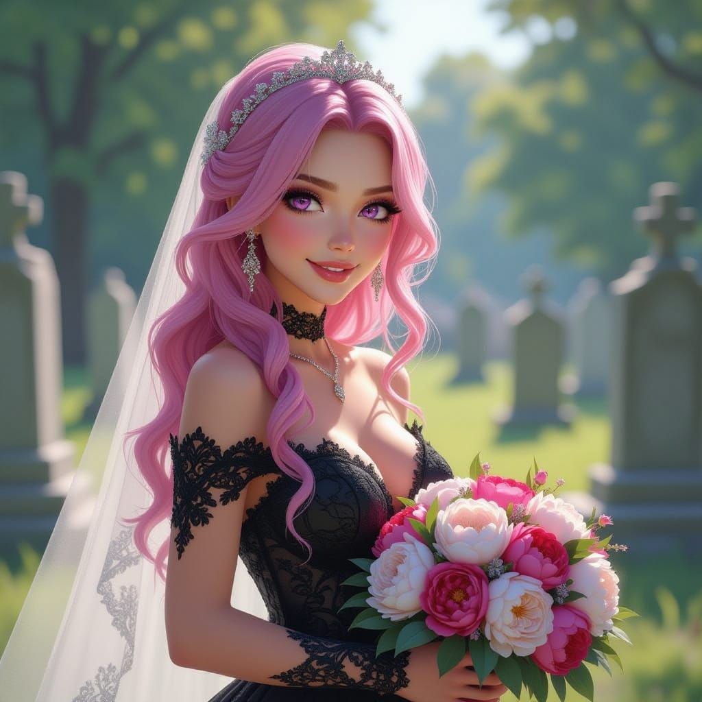Woman in Black Lace Wedding Dress in Cemetery