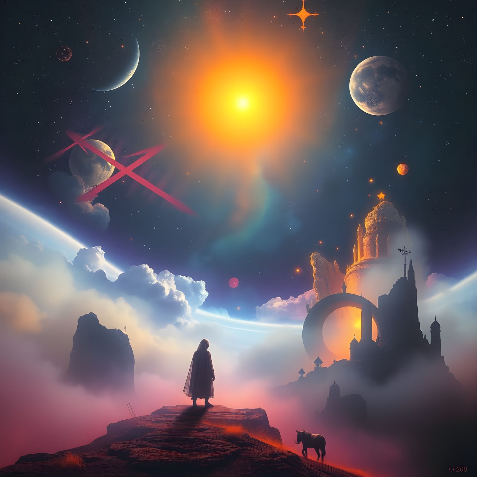 Cosmic Surrealist Dreamscape with Starlight Figure