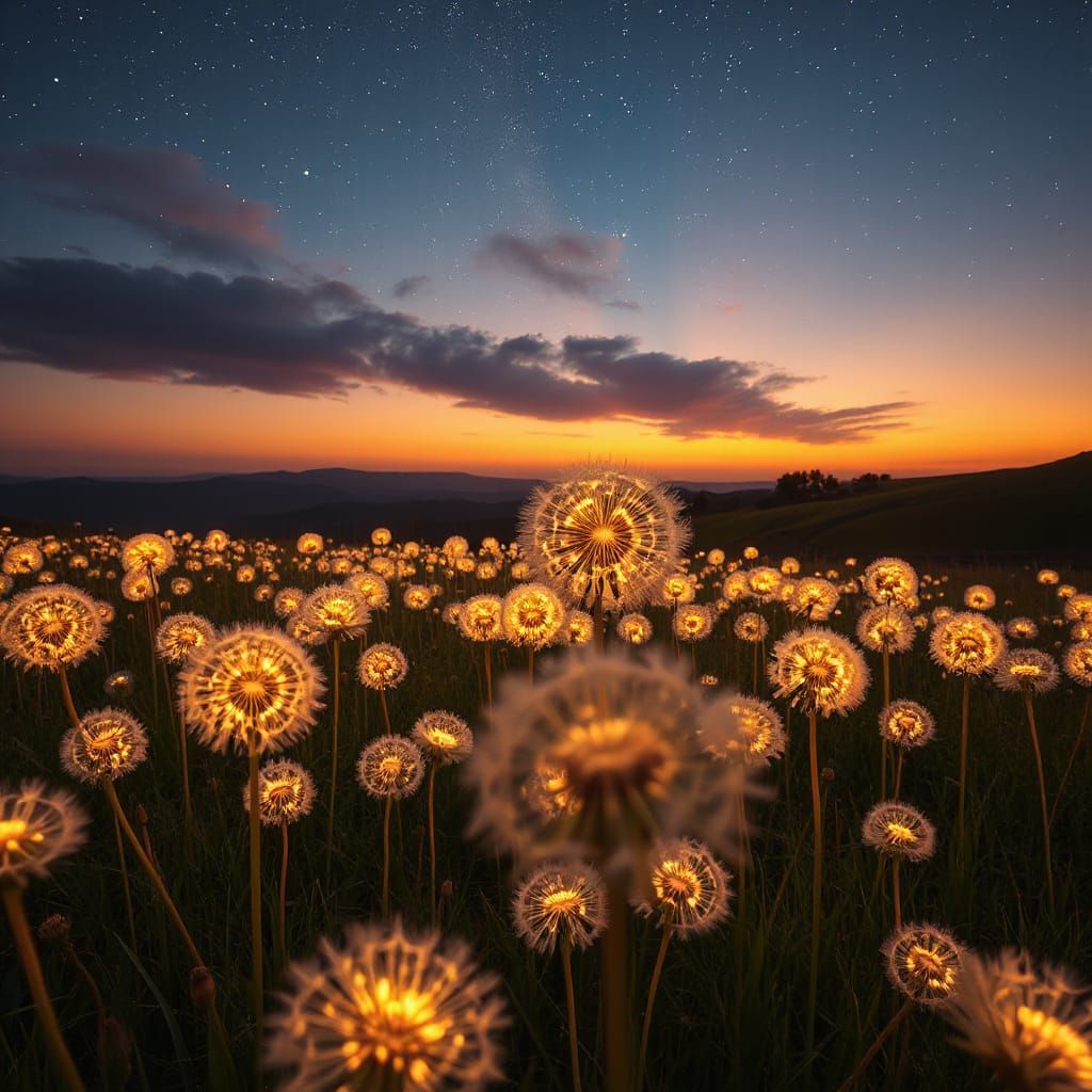 Surreal Glowing Dandelions at Sunset with Starry Sky