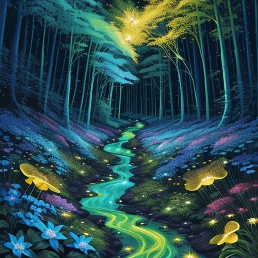 Bioluminescent Forest Stream in Fantasy Art Style
