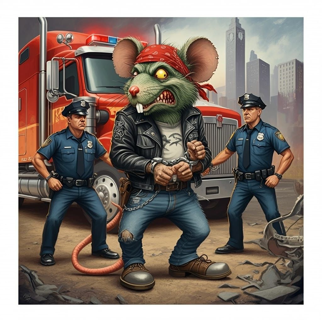 Ratfink Biker Arrested by Law Enforcement in a Cityscape