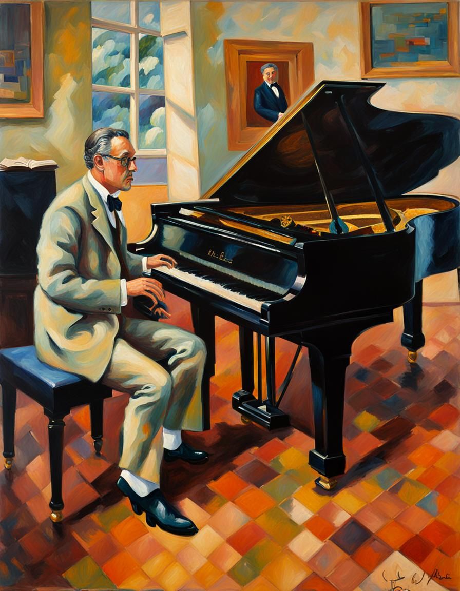 James Joyce Plays Beethoven: Neo-Impressionist Oil Painting