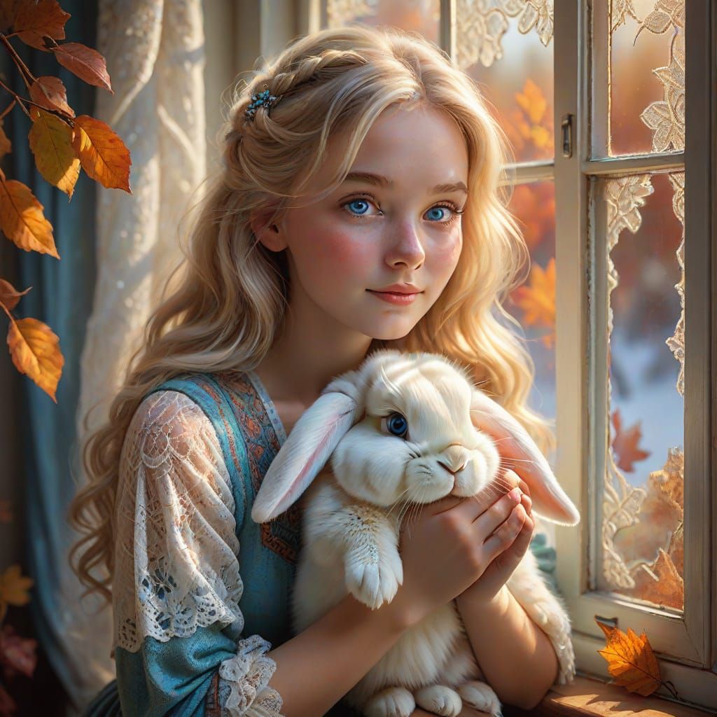 Cozy Autumn Scene of Girl and Bunny