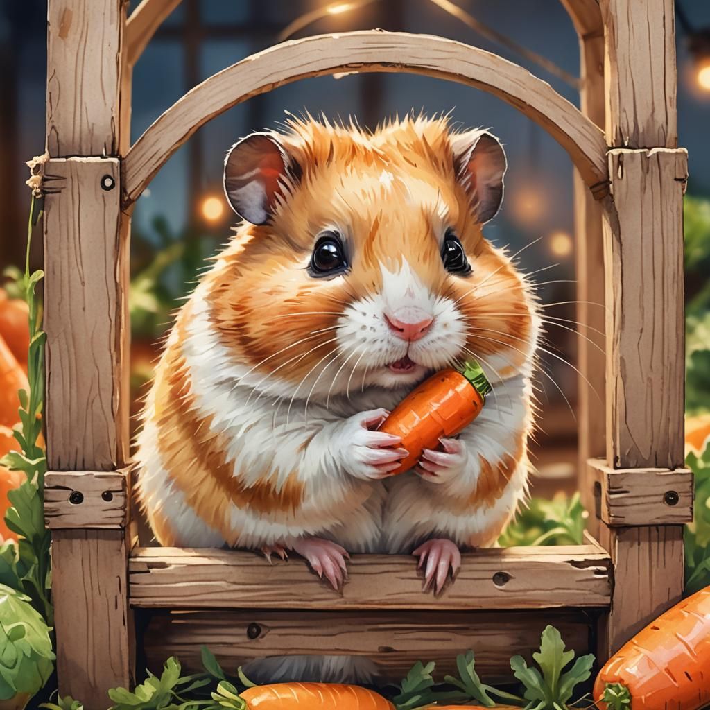 Chubby Hamster Eating Carrot in Watercolor Style