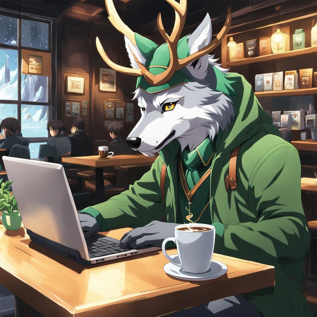 Wolf Furry with Antlers Studying: Anime Style