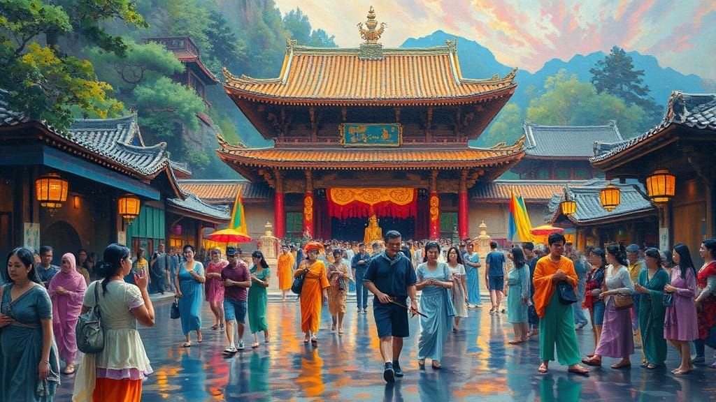 Surreal Water Temple Scene in Whimsical Oil Painting Style