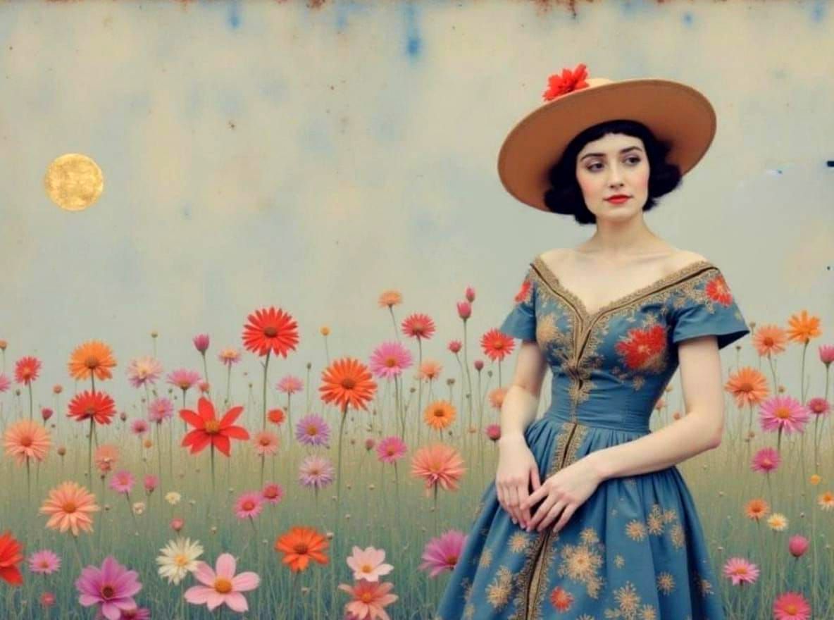 Woman with Floral Background in Klimt Style