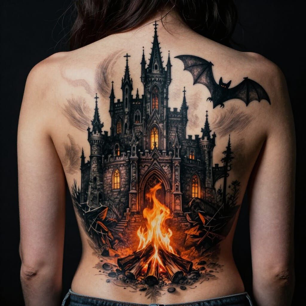Gothic Castle Tattoo Design with Bat and Campfire