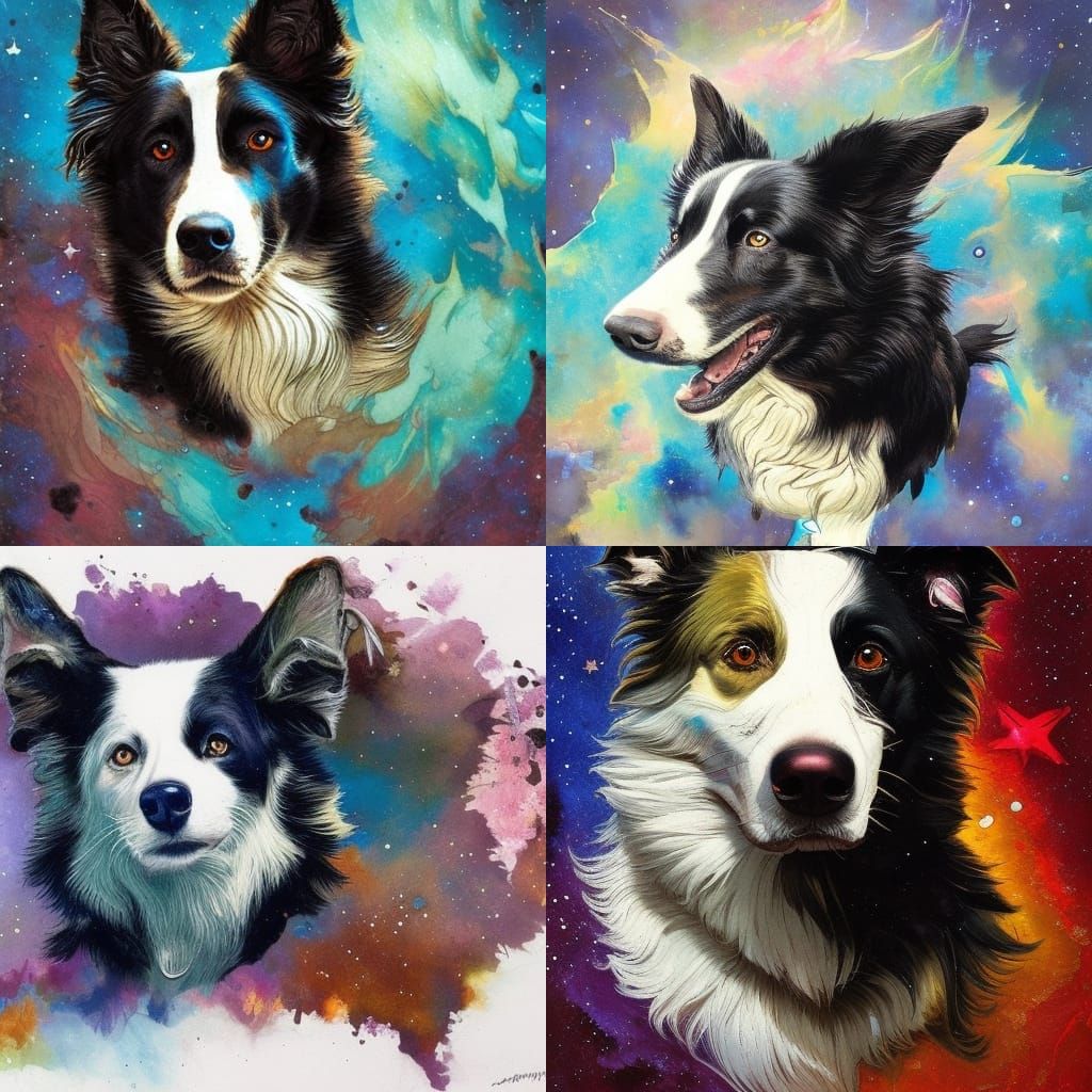 Border Collie in the Stars: Impasto Gouache Illustration