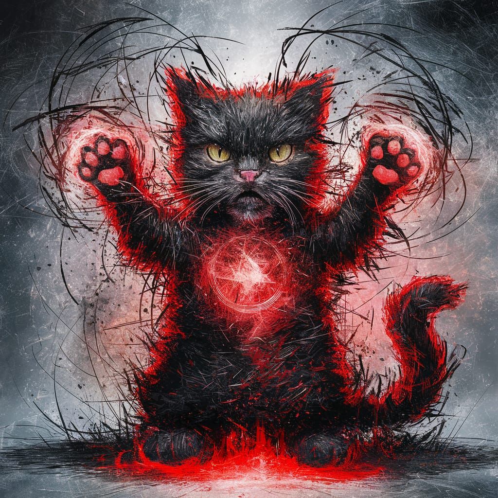 Chaotic Mage Cat Artwork in Black and Red