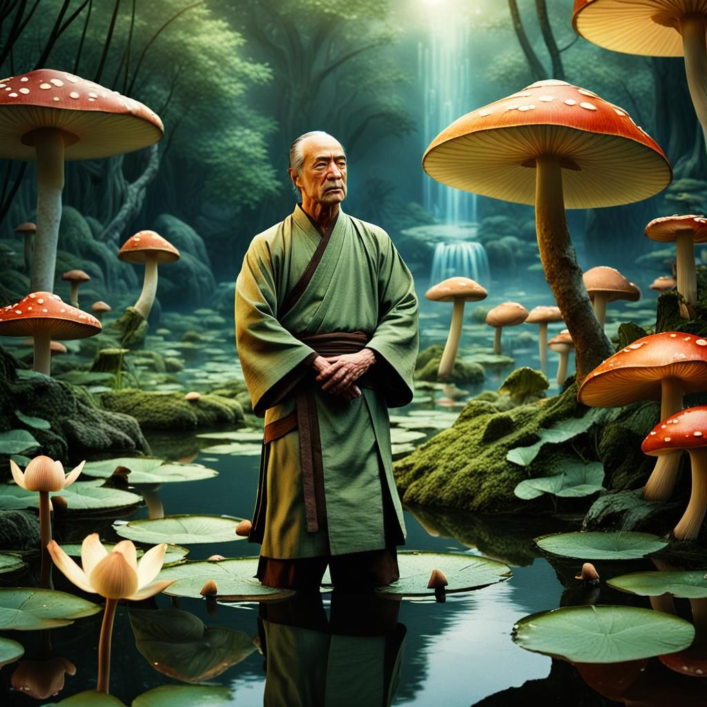 Grasshopper Contemplates Lotus Pond: Cinematic Matte Paintin...