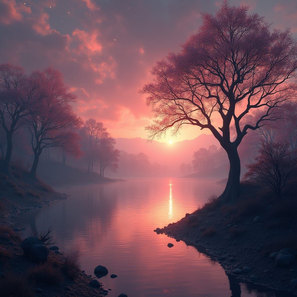 Ethereal Twilight Landscape with Luminous Lake and Ancient T...