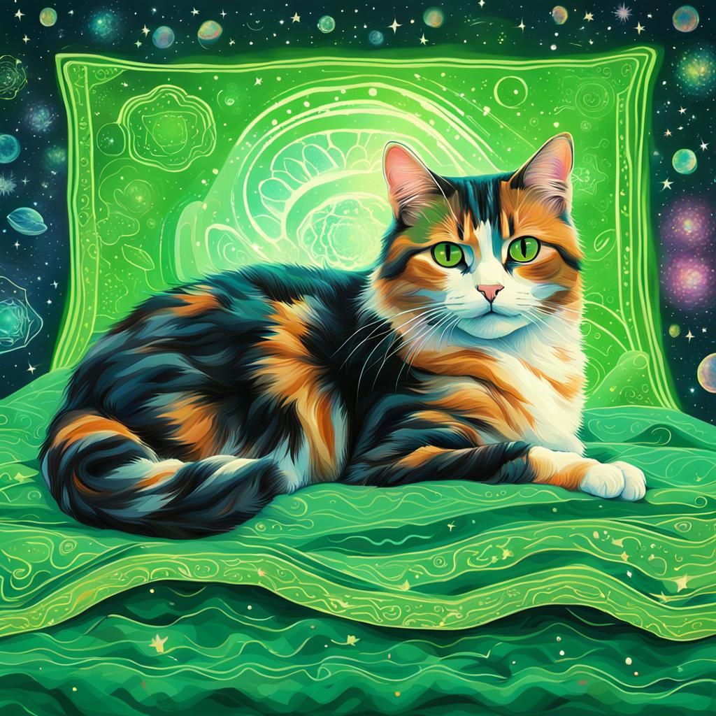 Calico Cat Relaxing on Bed: Cosmic Illustration