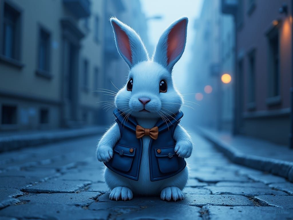 Monochromatic Blue Rabbit Gouache and Watercolor Painting