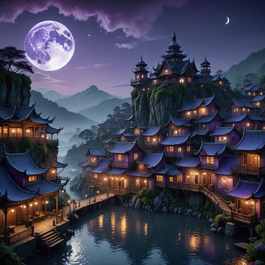 Dreamlike Art Nouveau Village Under a Full Moon