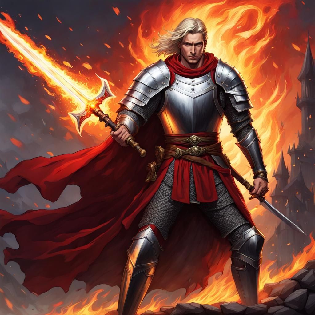 Young Knight with Flaming Sword in Hand
