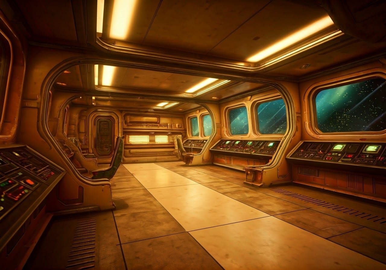 Retro-Futuristic Spaceship Interior in Vibrant 1970s Style